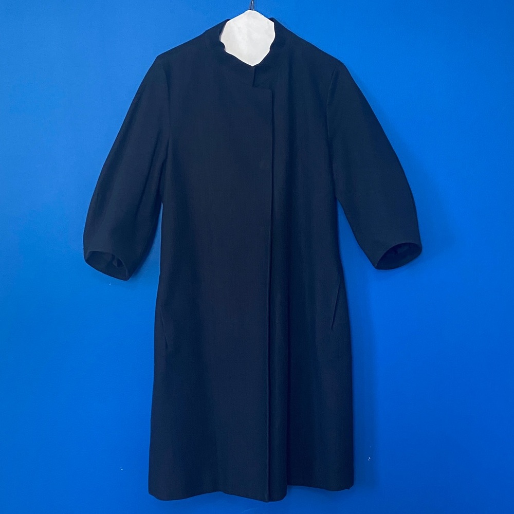 NICOLE FARHI Navy Cotton Three-Season Midi Coat with 3/4 Sleeves Sz 8